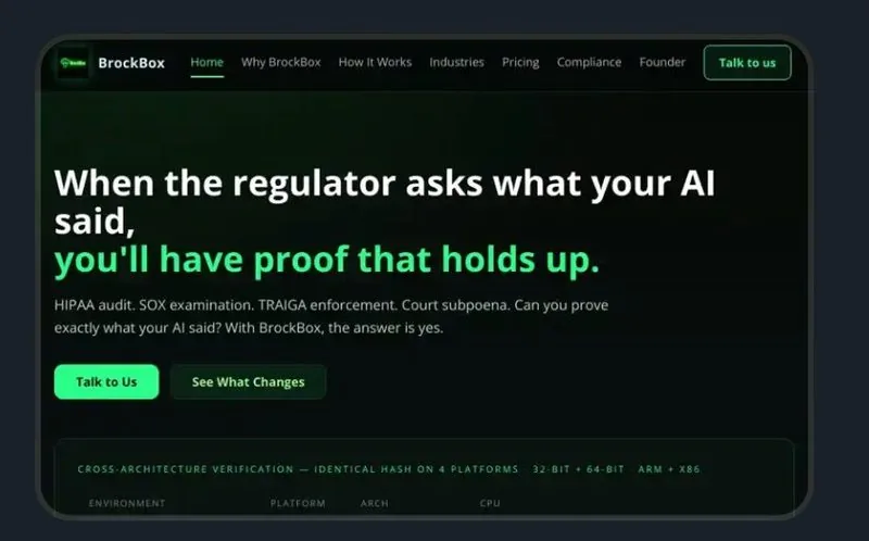 BrockBox website homepage — verifiable AI platform site built by Brockley