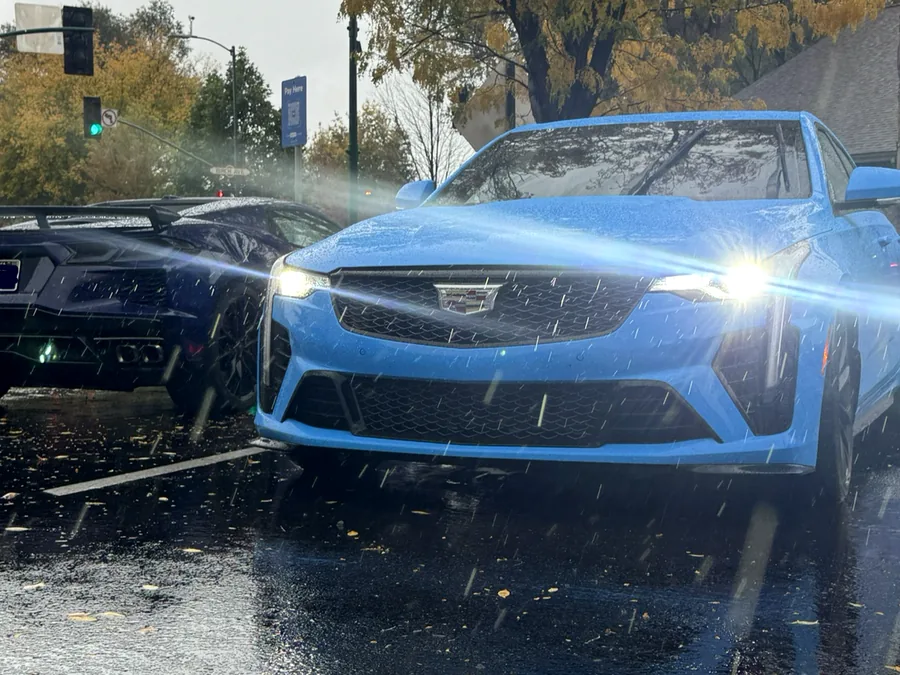 The blue Cadillac downtown on a rainy Flagstaff afternoon